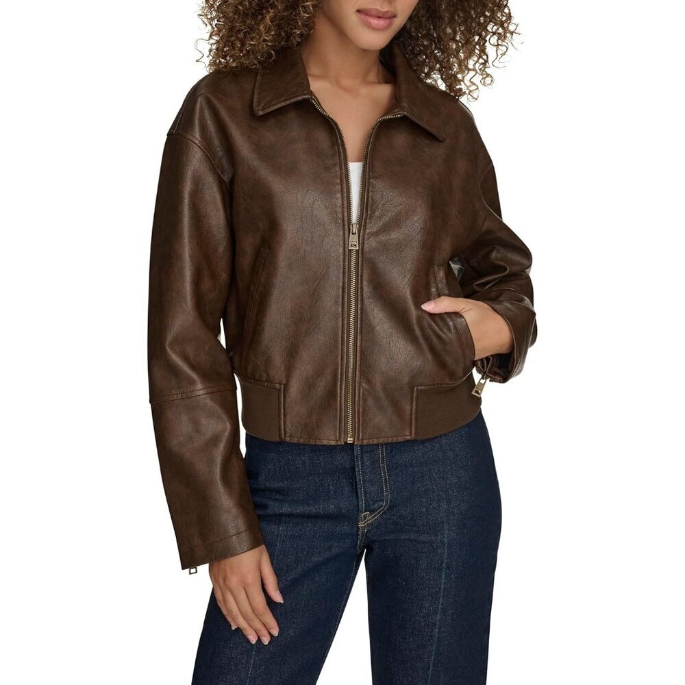 Women's Brown Faux Leather Bomber Jacket  With Laydown Style Collar Comfort